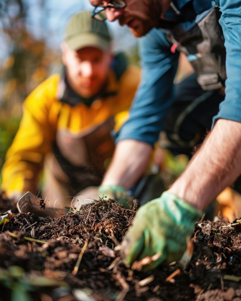 Men run their hands through fresh garden compost made from food scraps
